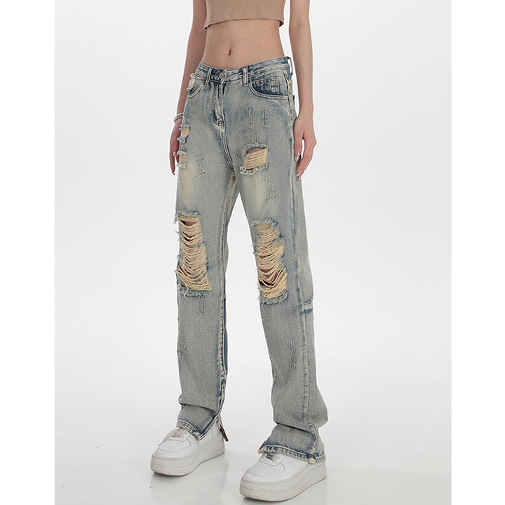 High Waist Ripped Straight Jeans for Women