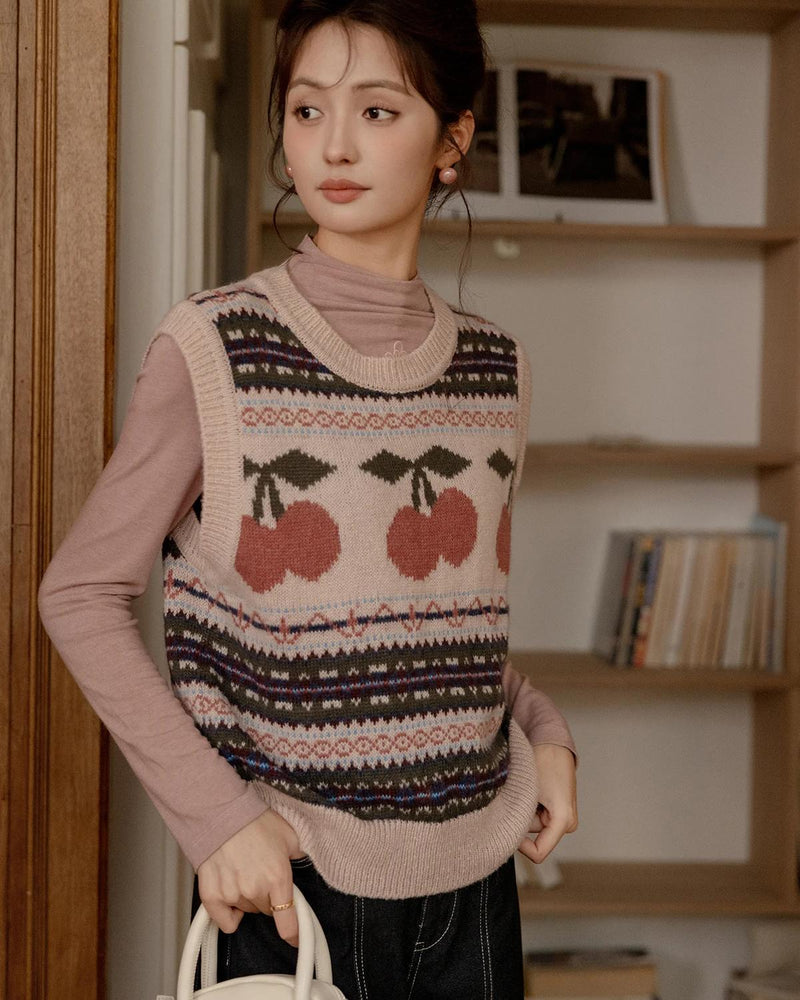 Ärmellose Strickweste im Vintage-Stil mit Kirschjacquard-Muster