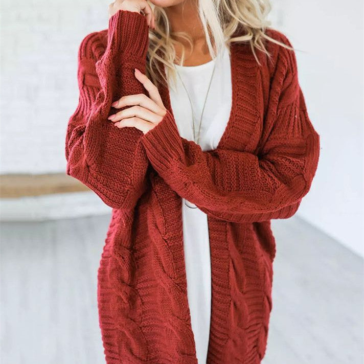 Women's Twist Cardigan Solid Color Mid-length Coarse Yarn Sweater