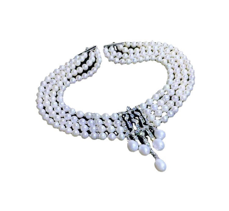 Four-layer Clavicle Chain Necklace Ins Cold Style High-grade Buckle Stitching Freshwater Pearl Sweater