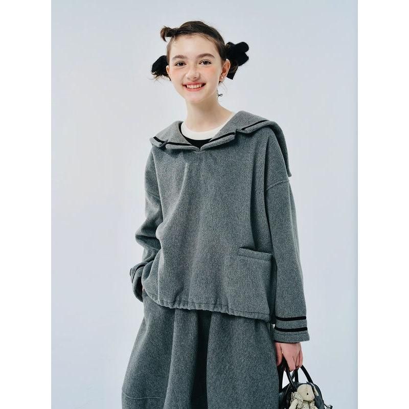 Women's Gray Navy Collar Woolen Pullover Coat
