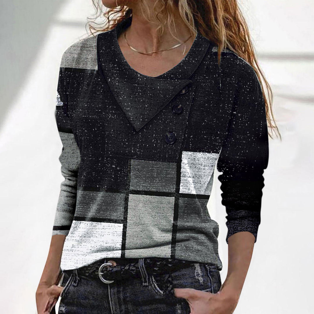 Crossover Collar Button Print Long-sleeved T-shirt Clothing