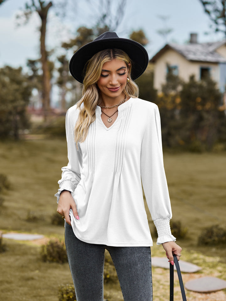 Women's Solid Color Striped Puff Sleeve V-neck Smocking Long Sleeve Top