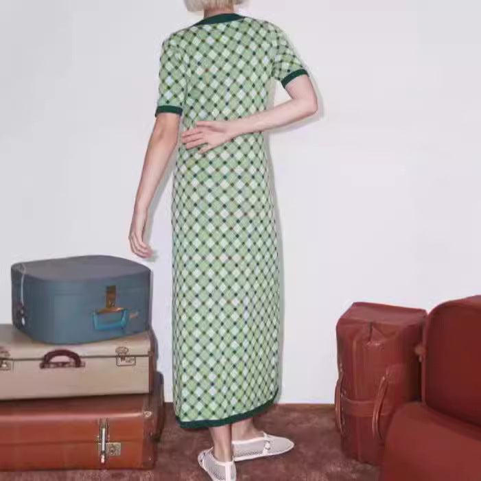 Green Plaid Retro V-neck Knitted Mid-length Dress