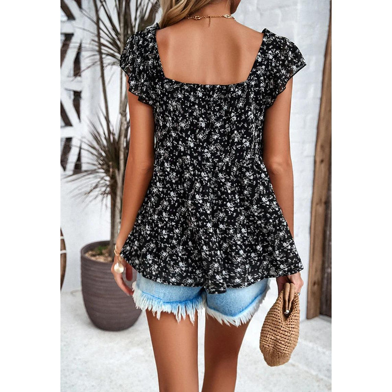 floral square neck ruffled top, view 27 - MRSLM