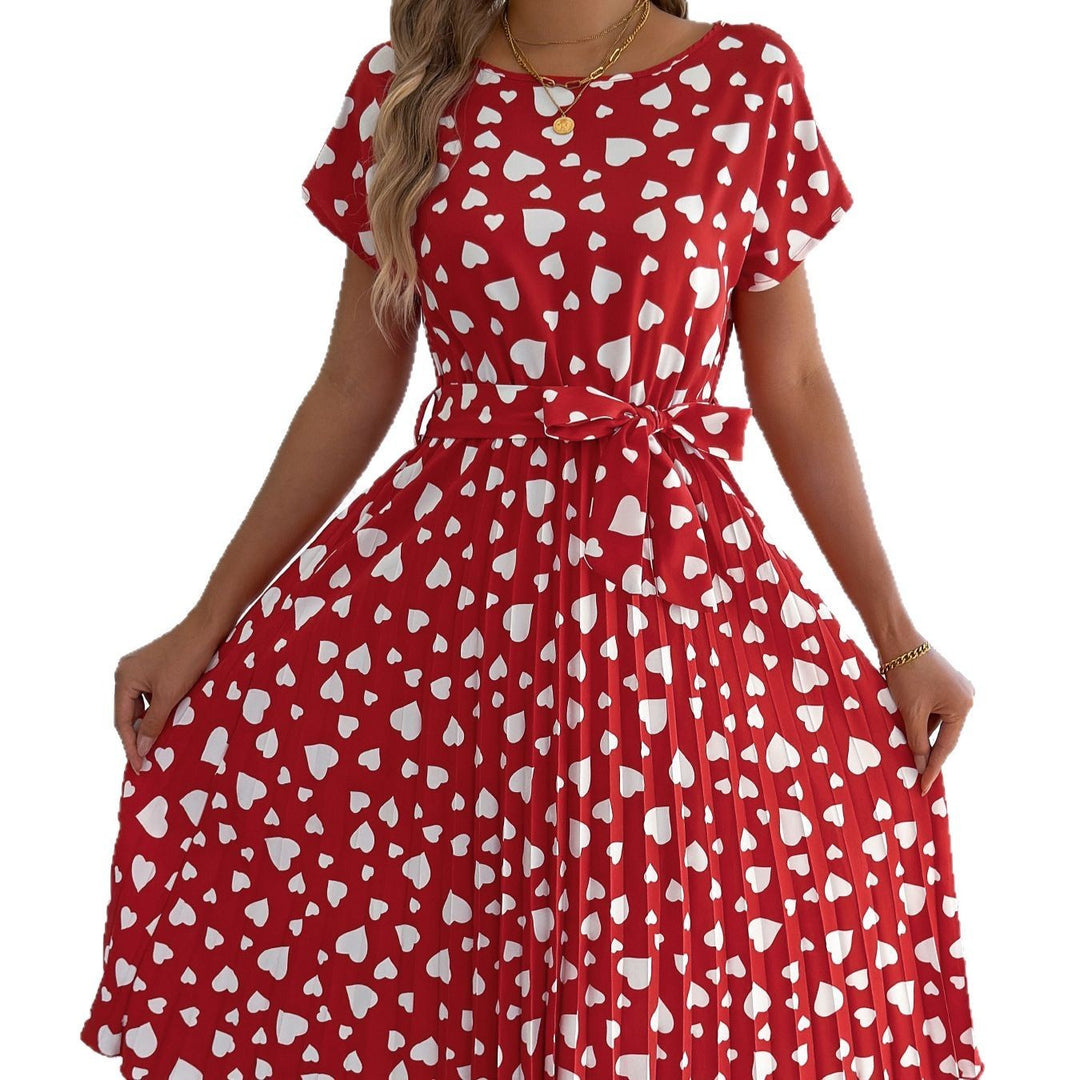 Casual Contrast Color Love Heart Short Sleeve Waist-controlled Pleated Dress