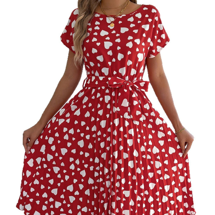 Casual Contrast Color Love Heart Short Sleeve Waist-controlled Pleated Dress