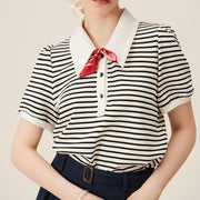 striped polo-neck puff sleeve tee - MRSLM