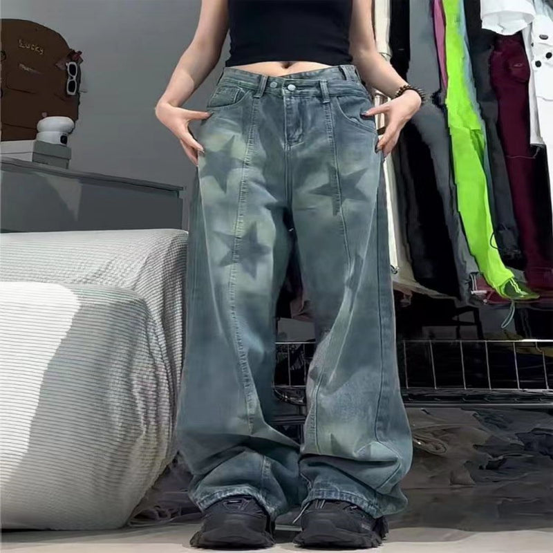 Damen-Jeans mit Print, unregelmäßigem Schnitt, hohem Bund und weitem Bein