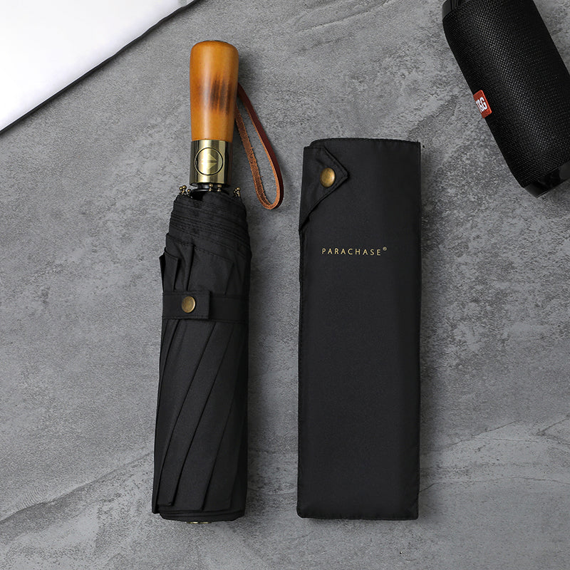 large automatic folding umbrella with wooden handle, view 2 - MRSLM
