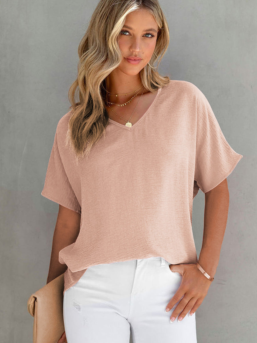 Leisure All-matching Solid Color T-shirt Loose Pullover V-neck Short-sleeved Top