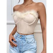 furry trim corset tube top, view 3 - MRSLM