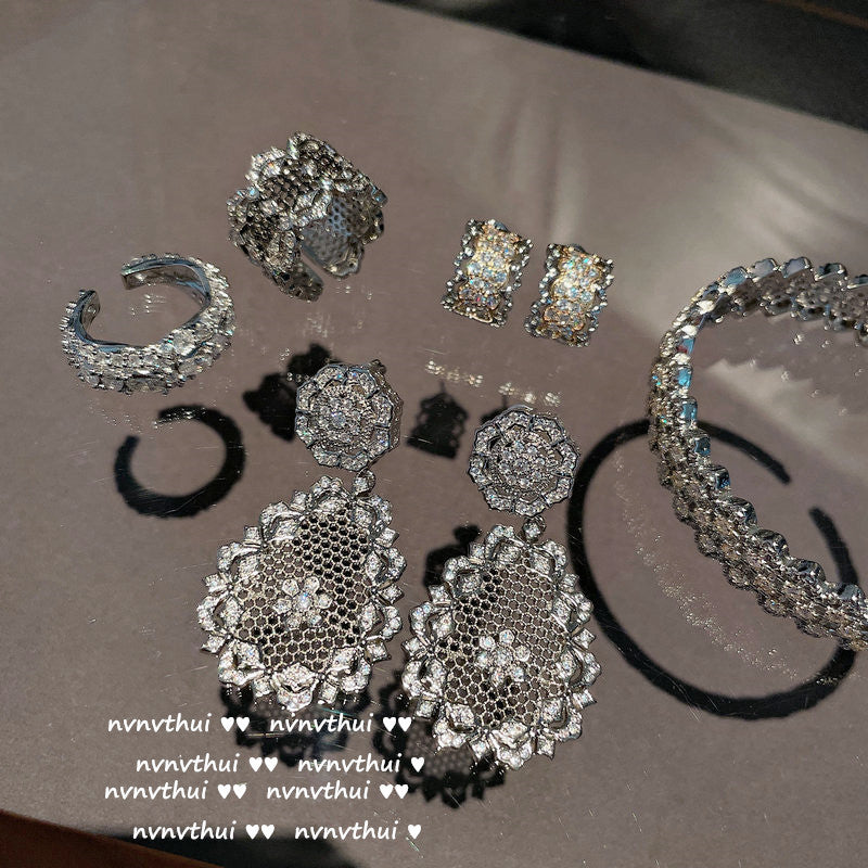 lace honeycomb zircon flower earrings, view 7 - MRSLM
