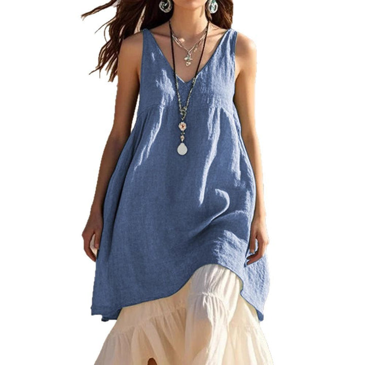 Fashion Sleeveless Cotton Linen Solid Color And V-neck Beach Dress