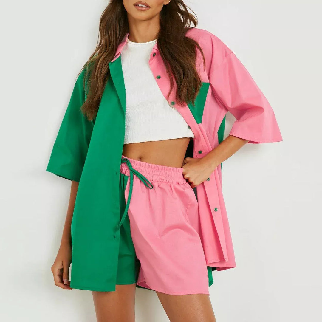 Summer Spliced Cotton Two-Piece Set: Oversized Shirt and Wide-Leg Shorts