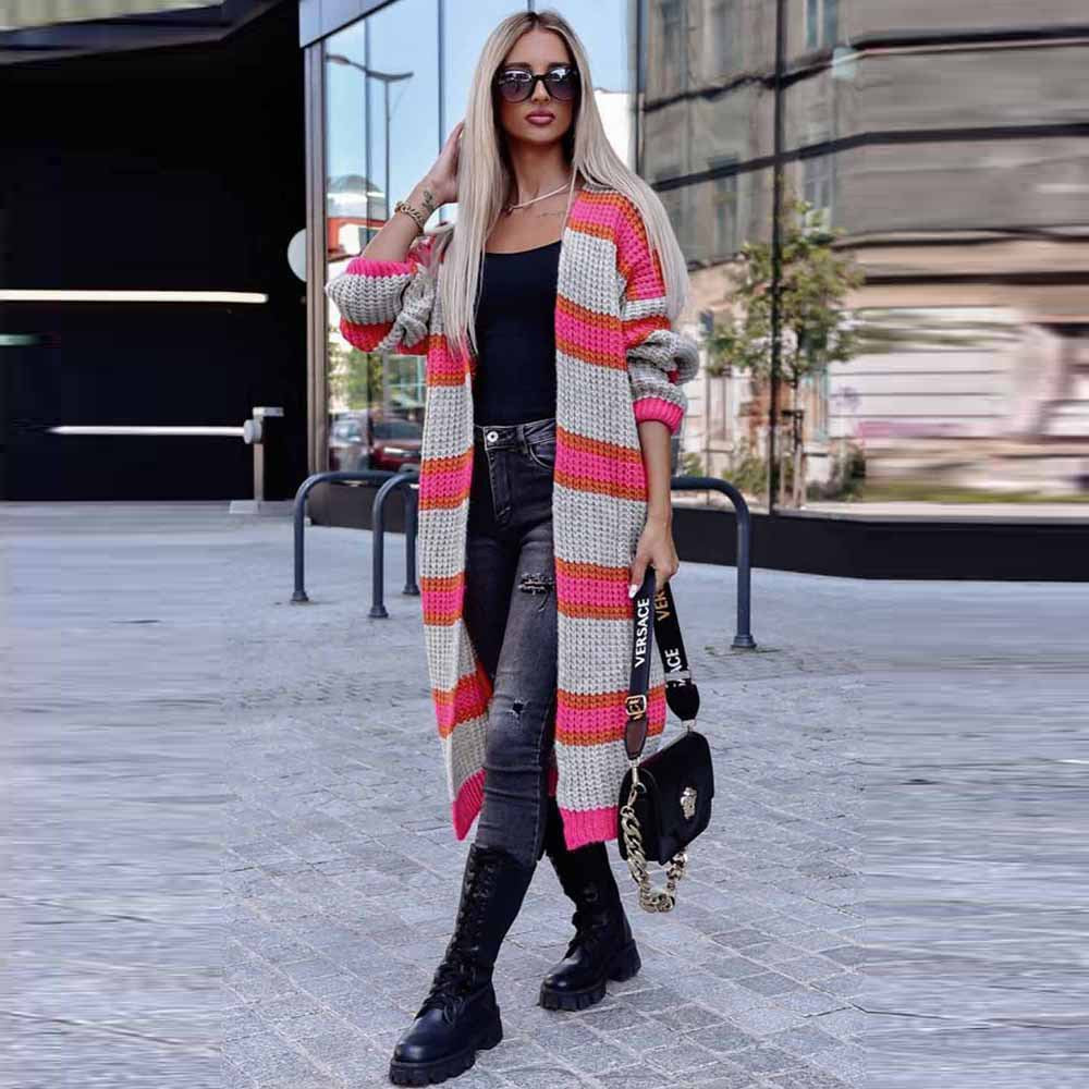 Striped Color Block Long Sleeve Knitted Sweater Baggy Coat