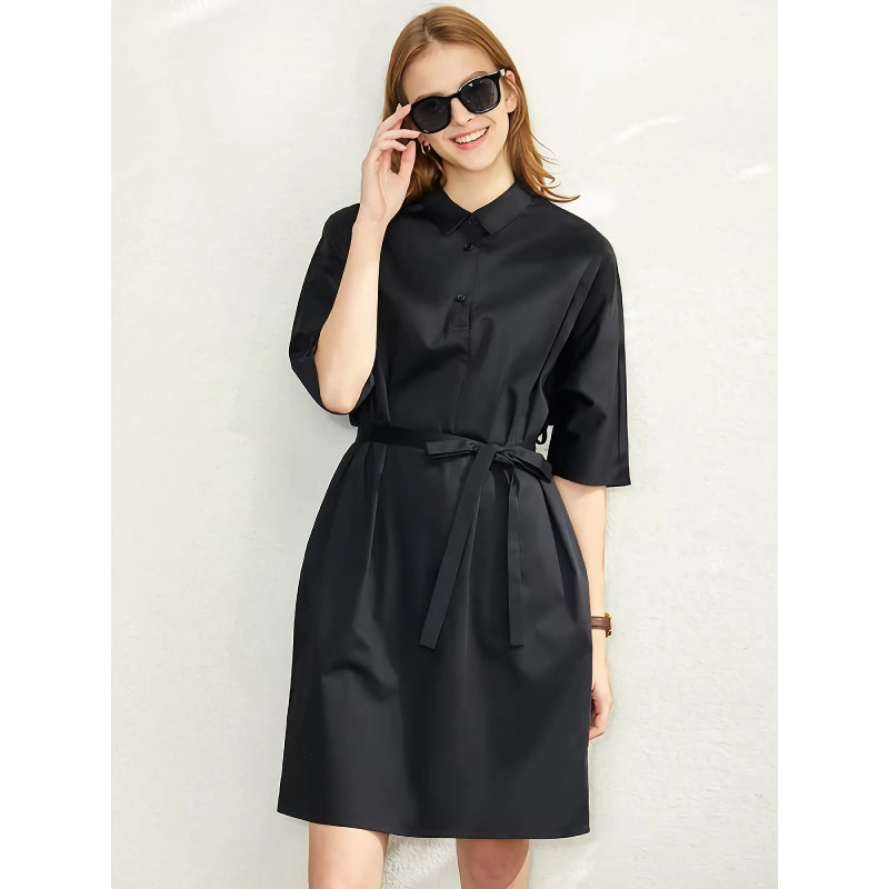 elegant a-line shirt dress with belt, view 2 - MRSLM