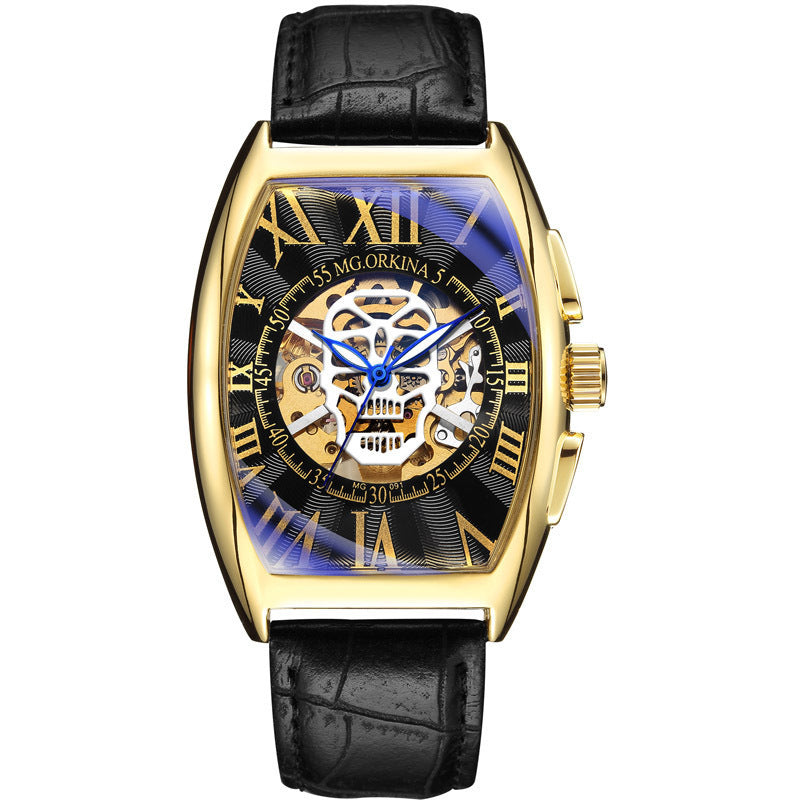 Mechanische Herrenuhr im Weinfass-Design, quadratisch, hohl, transparenter Boden