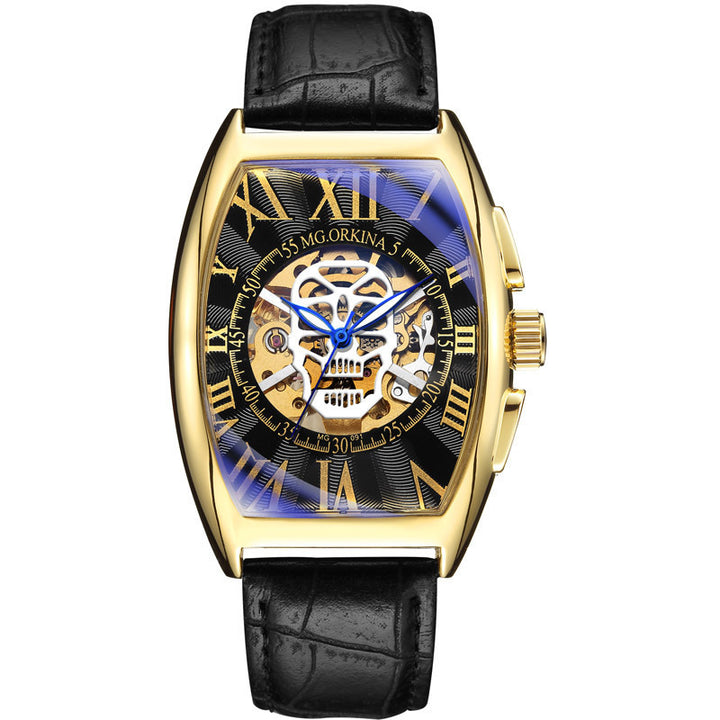 Mechanische Herrenuhr im Weinfass-Design, quadratisch, hohl, transparenter Boden