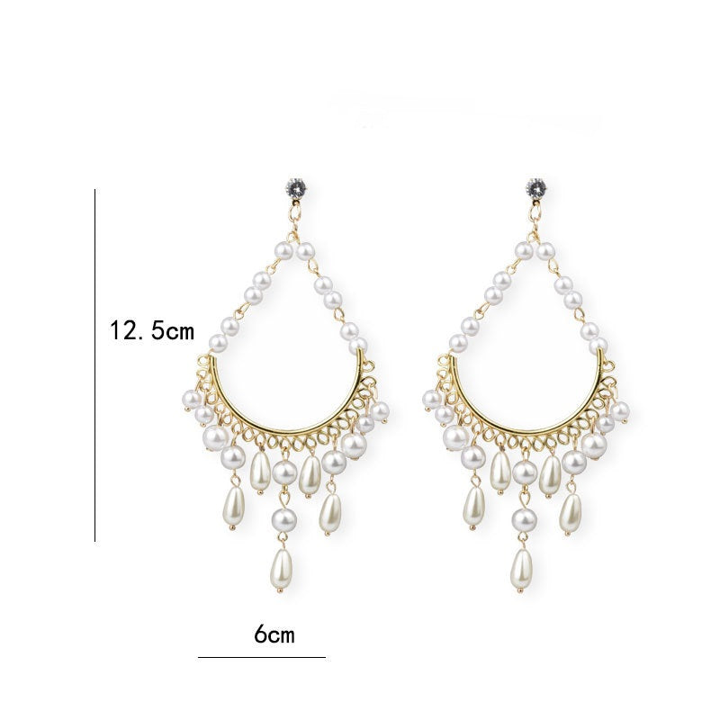 Gold chandelier pearl drop earrings, view 4 - MRSLM