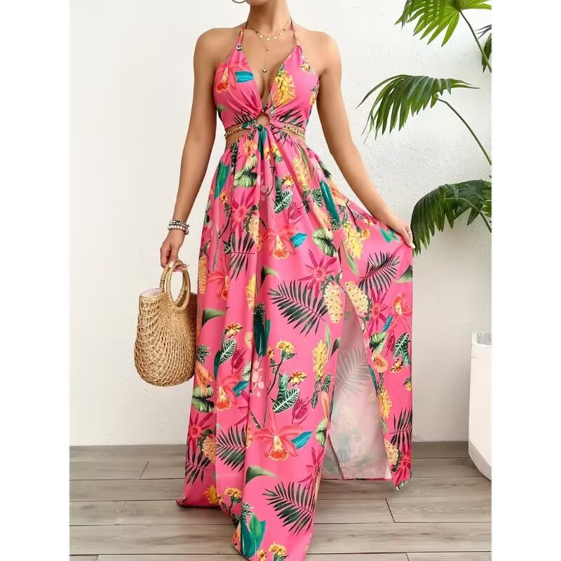 Womens Floral Print Backless Side-Slit Dress