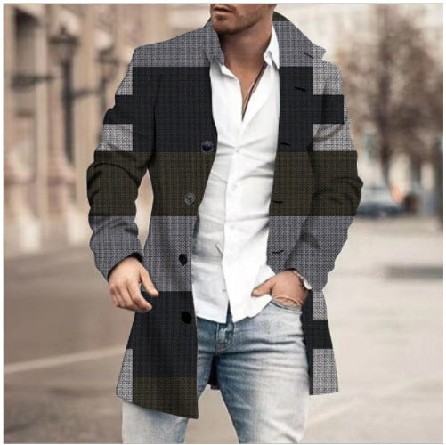 Casaco casual masculino de lã com gola alta e comprimento médio