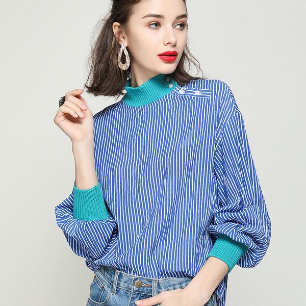 striped lantern sleeve ribbed blouse - MRSLM