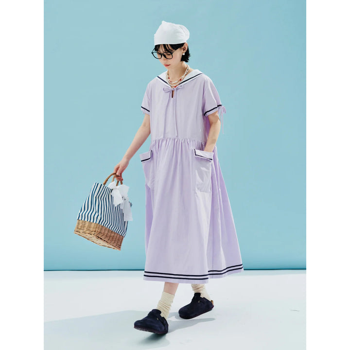 Summer Striped Cotton Mid-Length Dress with Sailor Collar and Pockets