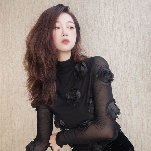 women's 3d flower half-high collar top, view 3 - MRSLM
