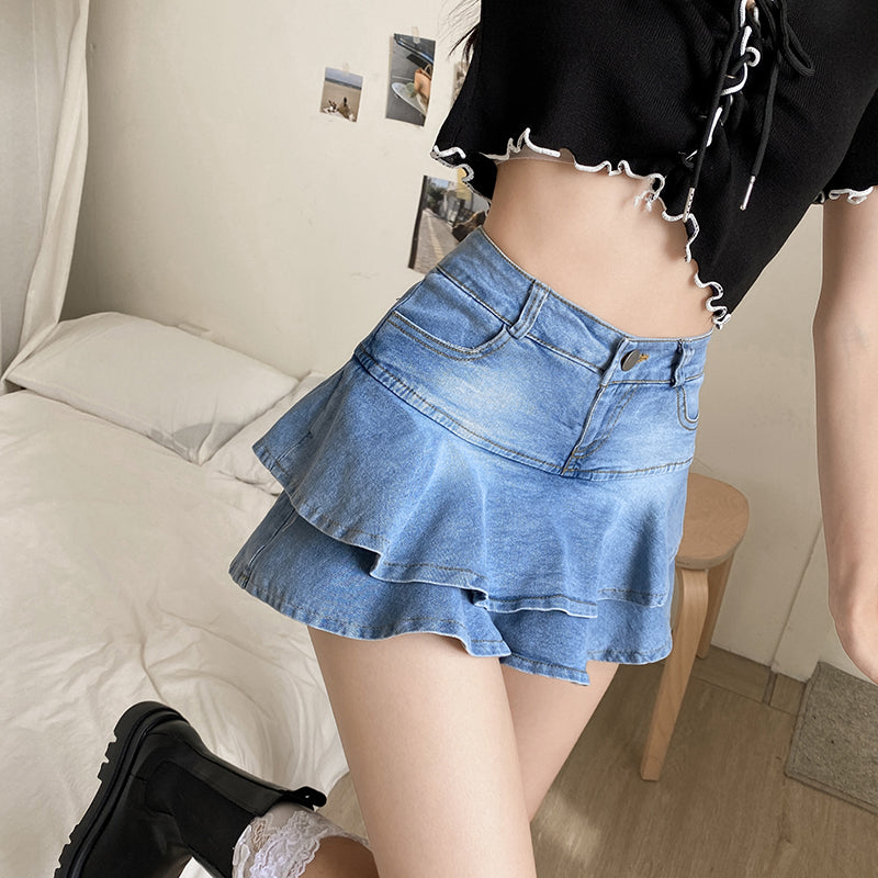 layered denim mini skirt, view 8 - MRSLM