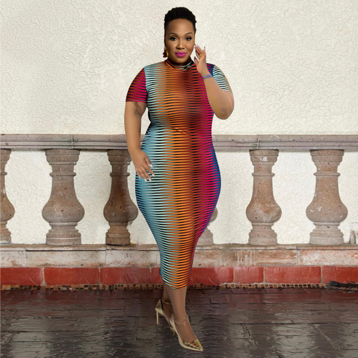 European And American New Round Neck Printed Short Sleeve Plus Size Women's Clothing Dress