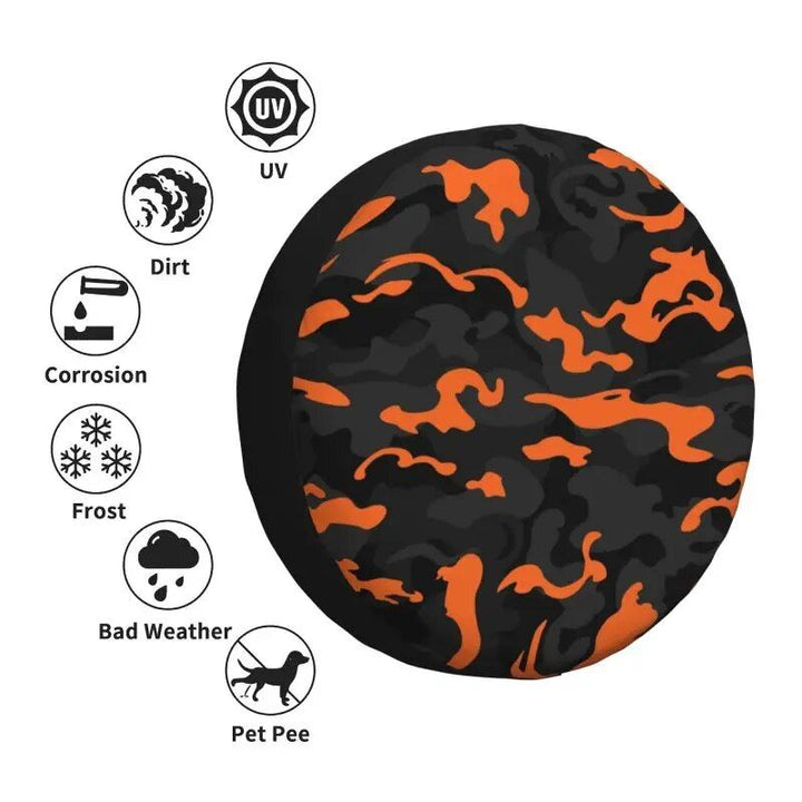 Rugged Camo Spare Tire Cover – Black Orange Camouflage Wheel Protector for Off-Road and Outdoor Vehicles