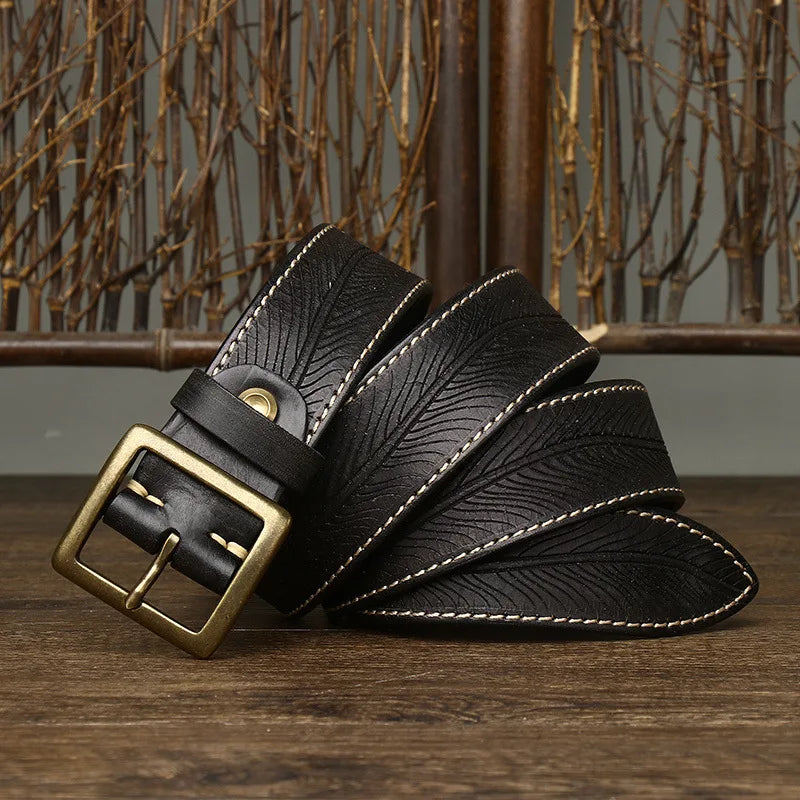 3.8CM Vintage Printed Leather Belt – Copper Buckle Cowhide Strap for Men’s Jeans