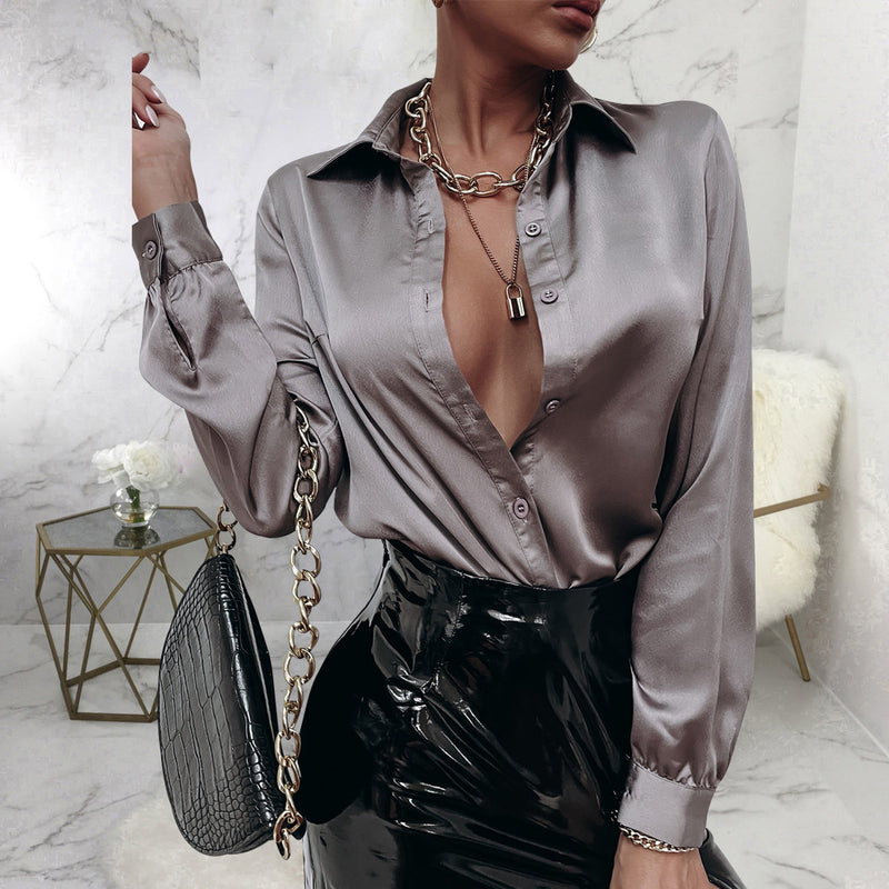 satin pleated long sleeve loose top - MRSLM