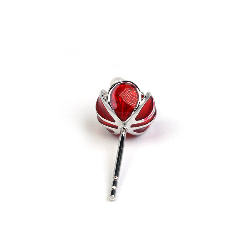 new year red flower pearl stud earrings, view 3 - MRSLM