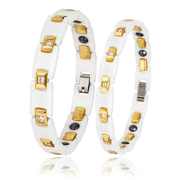White Ceramic Inlaid Rhinestone Gold Couple Ochre Bracelet