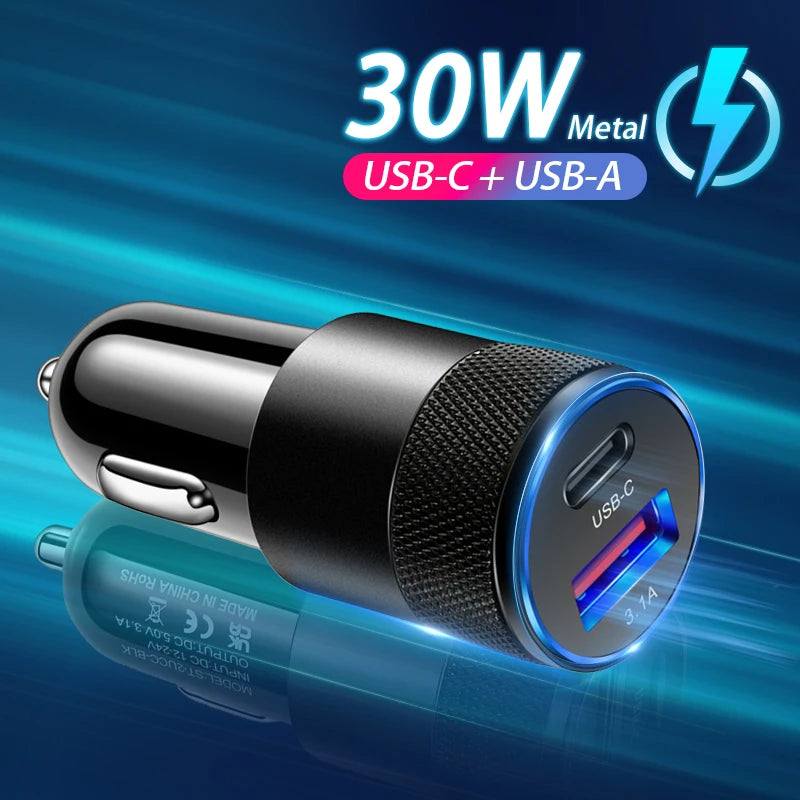 30-W-Mini-USB-C-Autoladegerät – Schnellladeadapter mit zwei Anschlüssen