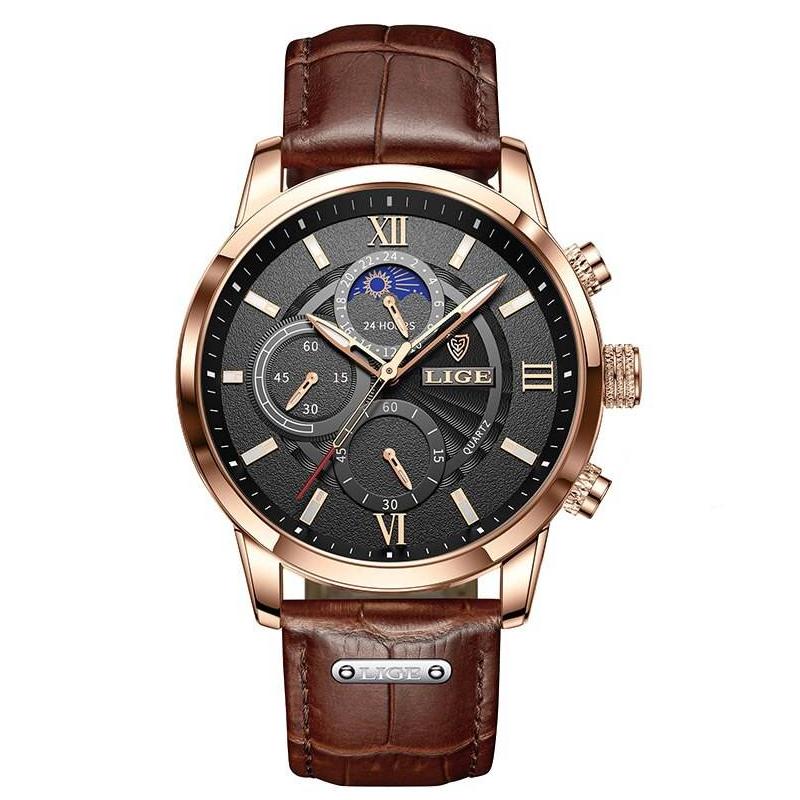 men's leather quartz watch, view 4 - MRSLM