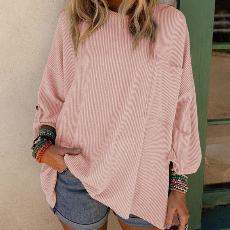 Solid Color Sweater Loose Casual Pocket Curling Threaded Long Sleeve Top