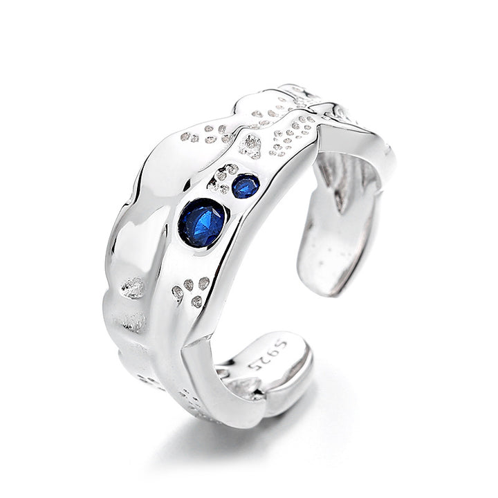Sterling Silver Lava Texture Blue Open-end Zircon Ring