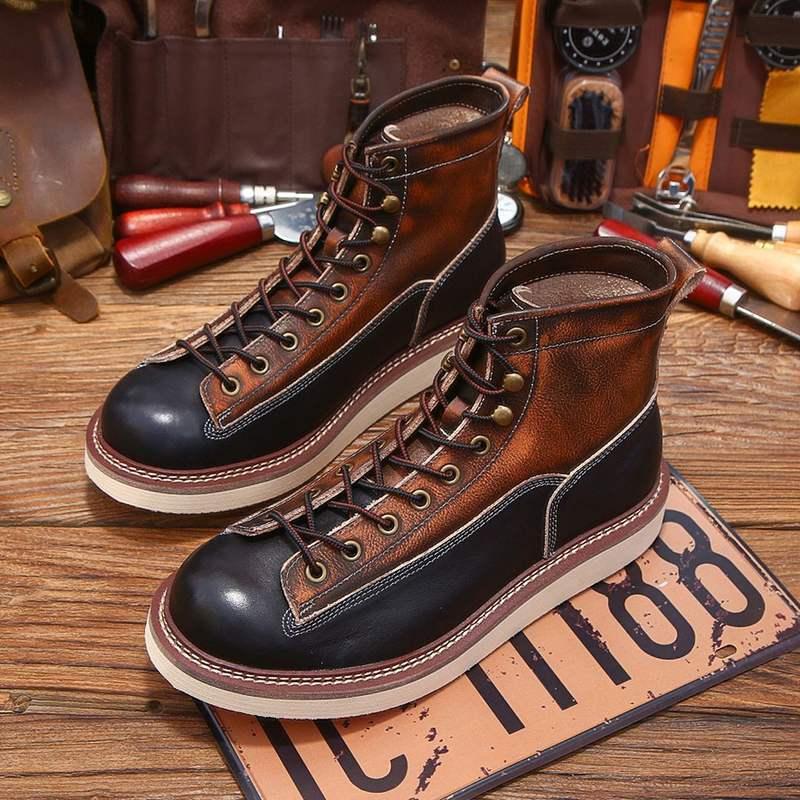 Botas de cano curto vintage masculinas feitas à mão em couro bovino