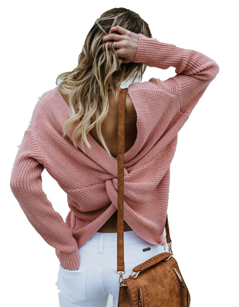 V-neck Cross Backless Sweater Sexy Long-sleeved Sweater