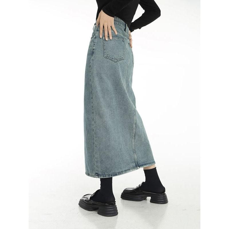 vintage blue denim midi skirt, view 4 - MRSLM