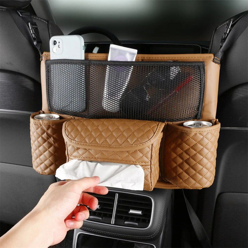 leather car seat storage bag with drink holders, view 5 - MRSLM