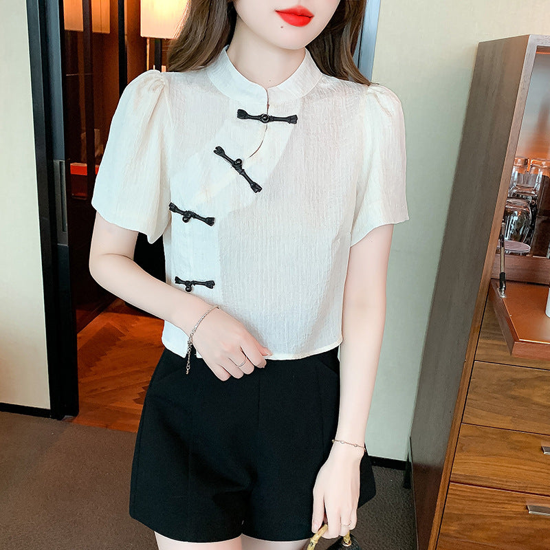 Chinese Style Buckle Short Top Women's Summer Shirt