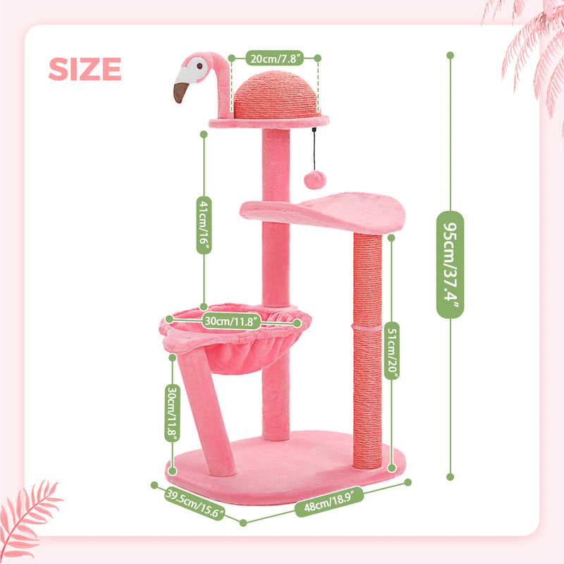 Encantadora árvore para gatos de vários níveis em formato de flamingo rosa, com rede e postes para arranhar.