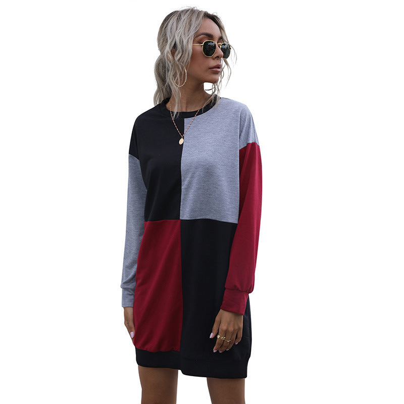 New Splicing Long Sleeve Round Neck Color Contrast Pullover Dress For Women