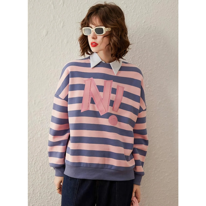 striped letter print sequin embroidered sweatshirt, view 6 - MRSLM