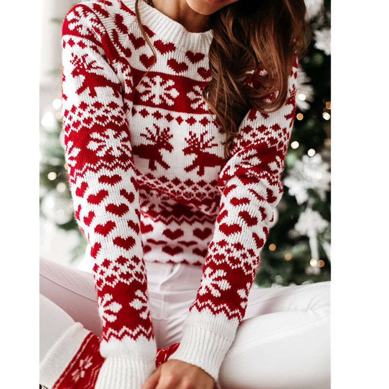 Women's Christmas elk and snowflake jacquard sweater, view 2 - MRSLM