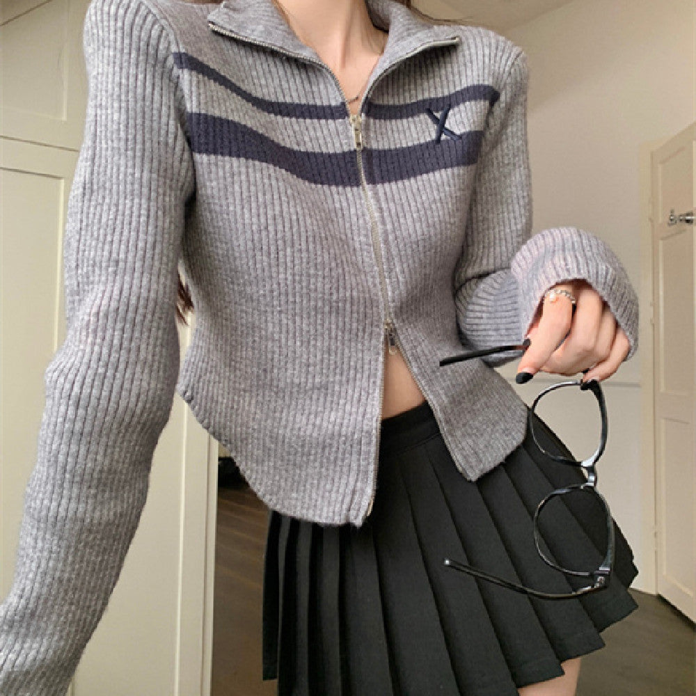 Casual Stand Collar Zipper Sweater Coat Slim Top For Women